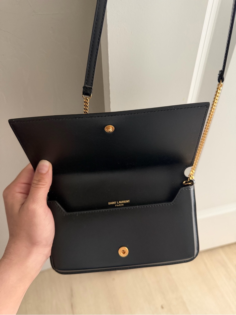 Saint Laurent Black Leather Crossbody with Gold YSL Logo phone holder - Picture 9 of 14